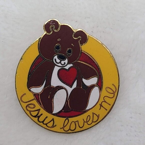 Vintage Creations Jesus Loves Me Teddy Bear Enamel Pin Christian Brooch - Picture 2 of 6
